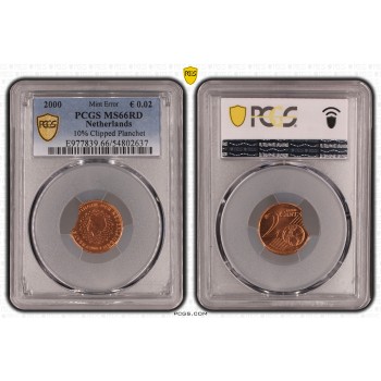 Netherlands 2000 2 euro cent Mint error Graded PCGS MS66RD